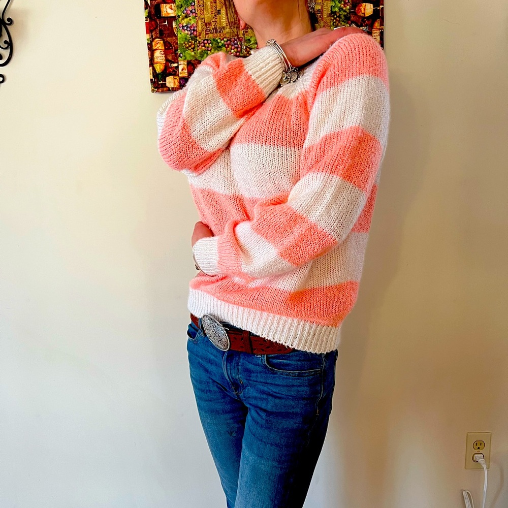 Woman’s stripped long sleeve knitted sweater, button neck, thick warm material